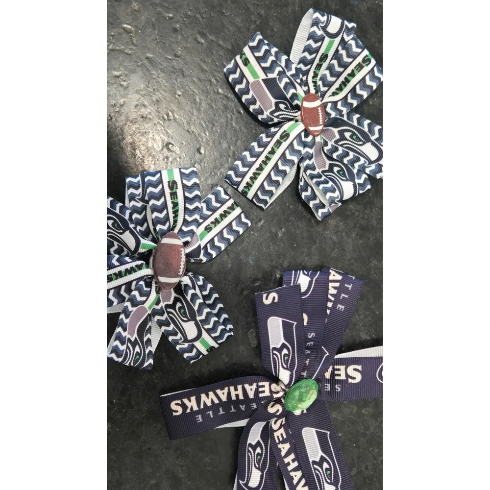 Seattle Seahawks Hair Bows Set of 3 NFL Football Chevron Navy Blue Green Clips